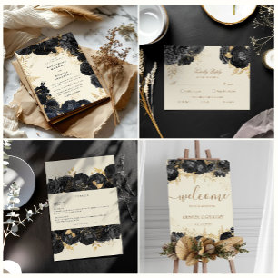 Watercolor Gold Black Roses Wedding Place Card