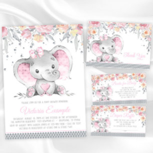 Pink Grey Elephant Diamond Floral Baby Shower Thank You Card