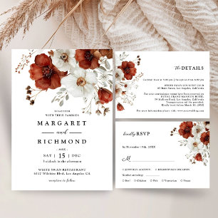Red & White Rustic Floral Wedding Thank You Cards