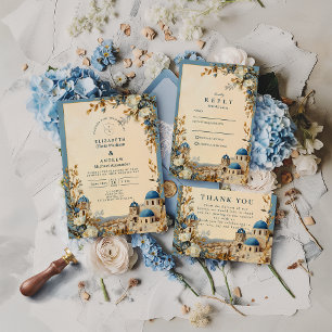 Santorini Blue Dome Botanical Elegance Thank You Card