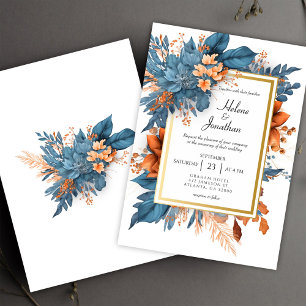 Dusty Blue Orange Terracotta Boho Elegant Wedding Invitation