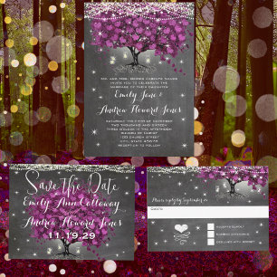 Radiant Purple Mason Jar Firefly Heart Leaf Tree Invitation
