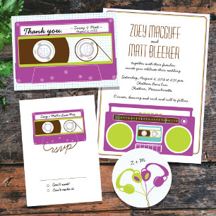 Retro Boombox Indie Mixtape Wedding (Purple/Lime) Invitation