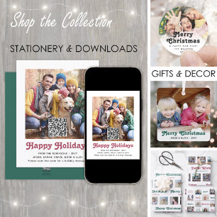 QR Code Red Retro Happy Holidays Simple One Photo Holiday Card