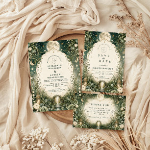Elegant Green Celestial Wedding Invitation