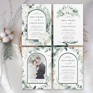Evergreen & Cotton Flowers Watercolor Wedding  Invitation