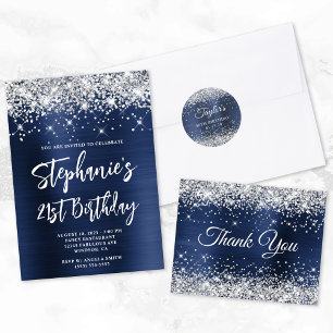 Silver Glitter Navy Blue Bold 21st Birthday Invitation