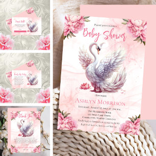 Beautiful Swan Pink Floral Girl Baby Shower Invitation