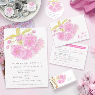 Pink cherry tree blossom watercolor wedding  invitation