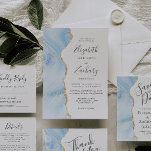 Baby Blue Gold Watercolor Agate Wedding Details Enclosure Card
