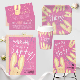 Invitation Joli Lapin De Fille Avec Partie De Chiens Rose Pas