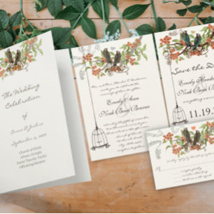 Coral Mint Vintage Birdcage Cottage Chic Wedding  Invitation