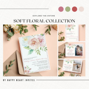 Invitation Mariage photo floral doux et romantique vert rose