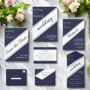 Invitation Tout En Un Elegant Chic Navy Bleu Blanc Luxe Moderne Mariage