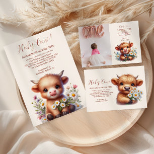 Boho Holy Cow Highland Cow 1st Birthday Invitation