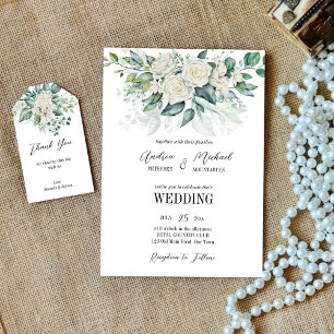 Greenery eucalyptus white roses wedding invitation