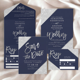Modern silver glitter typography navy blue wedding invitation