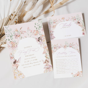 Fairy 1st Pink Floral Girls Birthday Invitation