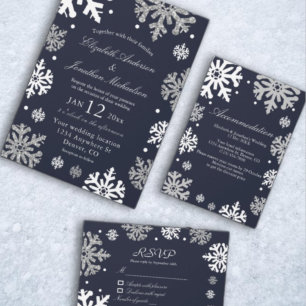 Navy Blue Snowflakes Winter Wedding RSVP Card