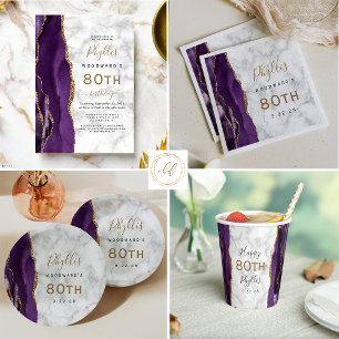 Purple Gold Agate Marble 80th Birthday Party Invitation