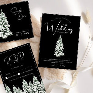 Winter Black and White Snowy Pine Tree Wedding Invitation