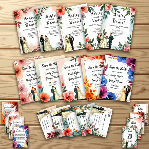 Romantic Watercolor Floral Bride And Groom Wedding Invitation