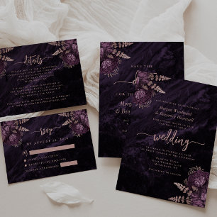 Chic Purple Rose Gold Floral Wedding Save the Date Invitation