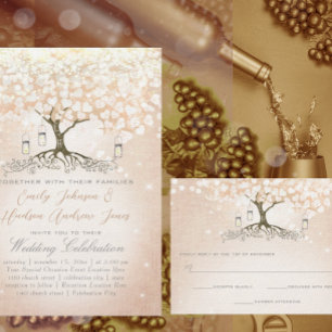 Burgundy Wine Red and Pink Heart Leaf Tree Wedding Tri-Fold Invitation