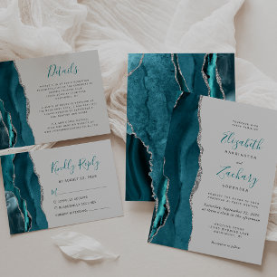 Modern Teal Silver Agate Grey Wedding RSVP Card