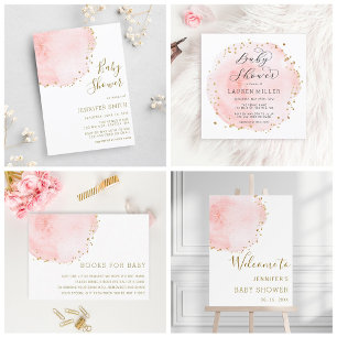 Blush Floral Petal Gold Glitter Dots Baby Shower Invitation