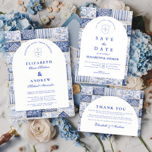Delft Blue Patchwork Toile Wedding Invitation