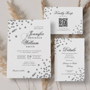 Elegant Script Wedding Silver Confetti QR RSVP Invitation