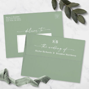 Elegant Ombre Monogram Green & Blush Pink Wedding All In One Invitation
