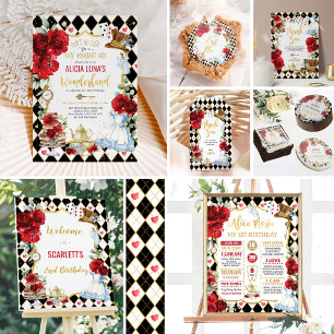 Red Alice in Wonderland Mad Hatter Birthday Tea Invitation