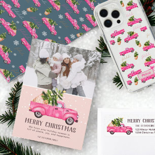 Vintage pink red truck Christmas tree white merry