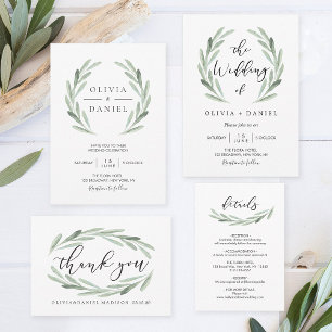 Green Olive Branch Wreath Wedding Photo Thank You Card