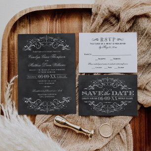 Vintage Black Chalkboard Flourish Wedding Save The Date