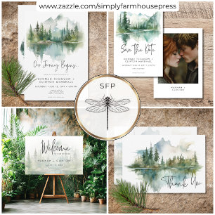 Carte De Remerciements Rustic Mountain Lake Scene Mariage d'aquarelle