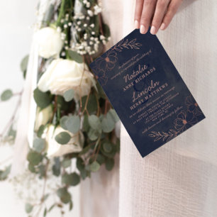 Navy Blue & Rose Gold Foil Floral Framed Wedding Invitation