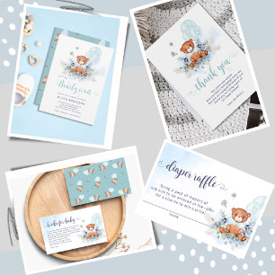 Dusty Blue Teddy Bear Balloon Boy Baby Shower Thank You Card
