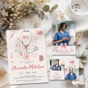 Pink 3 Photo Watercolor Nursing School Graduate  Announcement