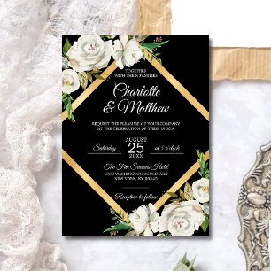 Invitation Aquarelle blanche Marine bleu or Mariage Floral