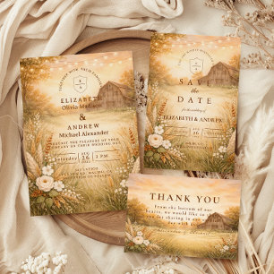 Rustic Barn Meadow String Lights Wedding Save The Date