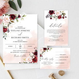 Boho burgundy blush pink floral rise and shine invitation