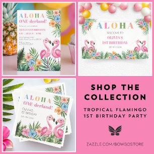 Tropical Summer 1st  Flamingo Onederland Birthday  Invitation