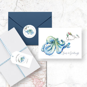 Blue Octopus Watercolor Beach Christmas Holiday Card