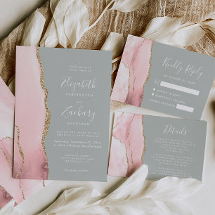 Blush Pink Gold Agate Pale Sage Green Wedding Invitation