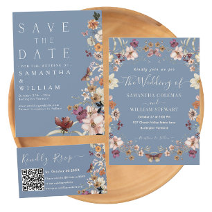 Invitation Boho Fleur sauvage Rustic Periwinkle Enregistrer l