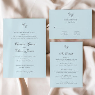 Classic Powder Blue Monogram Elegant Wedding Invitation