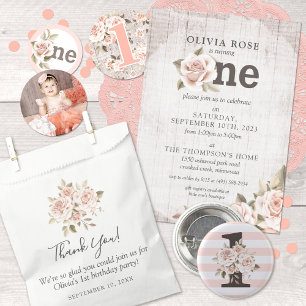 1st Birthday Rustic Wood Shabby Chic Roses Floral Invitation